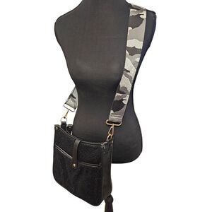 Camo Strap Black Crossbody Bag With Gold Hardware & Adjustable Strap Minimalist